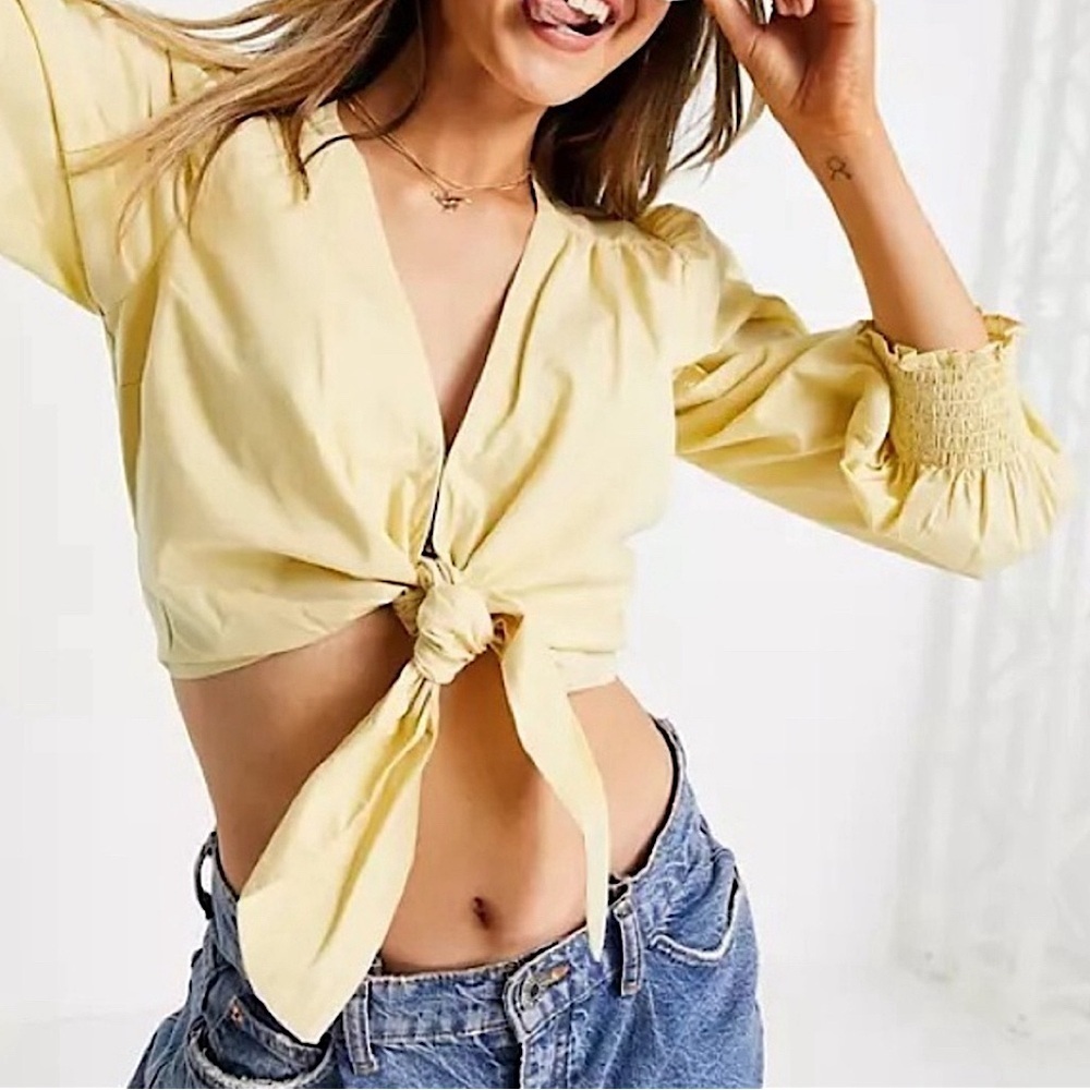 Abercrombie Butter Yellow Puff Sleeve Tie Front Crop Top Medium Boho‎ Classic